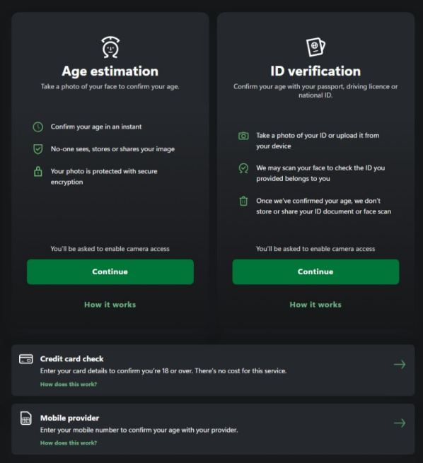 Options for Microsoft Xbox age verification.