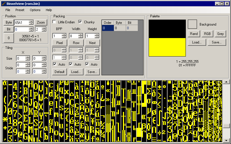 A screenshot of the Binxel program showing some font glyphs.