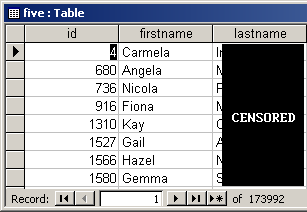Partially redacted screenshot of the database of names.