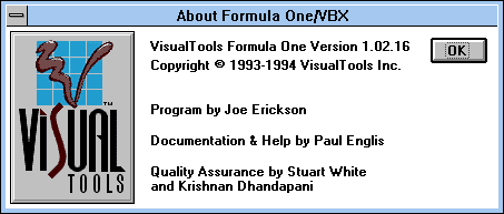 Formula One about dialog box. Program by Joe Erickson, Paul Englis, Stuart White and Krishnan Dhandapani.