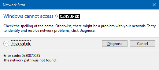 Screenshot of the error shown when trying to access my makeshift NAS.