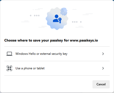 Windows Hello asking where to save a passkey - phone or PC.