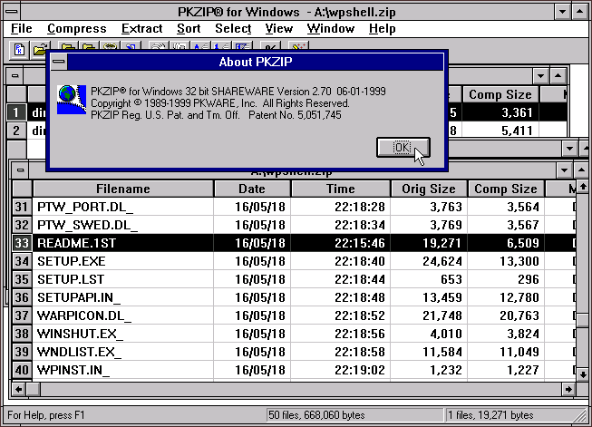 PKZip for Windows 2.70 with some zip files open.