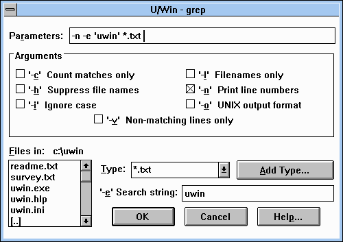 An option dialog for grep within UWin.